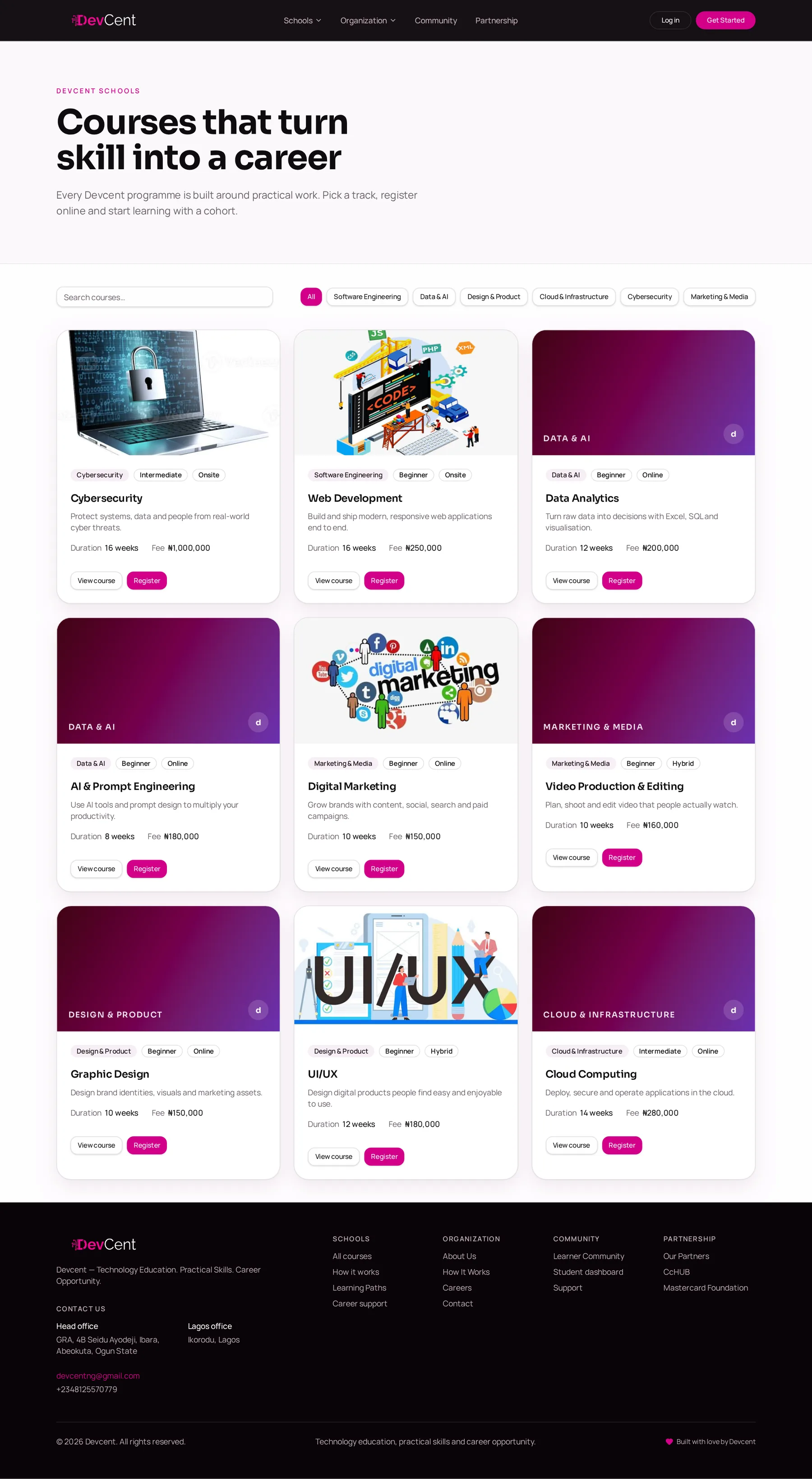 Screenshot of the Devcent course catalogue