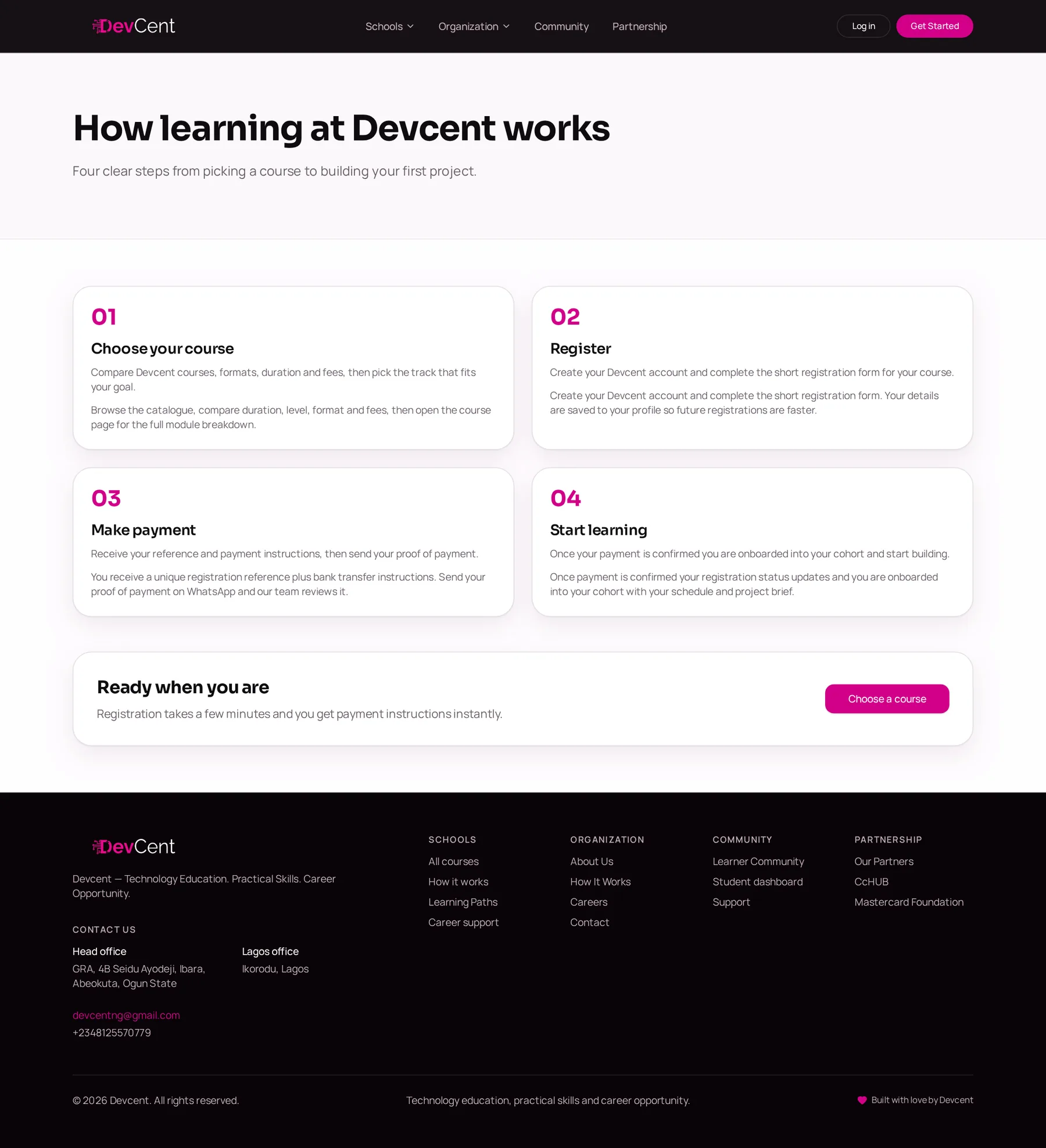 Screenshot of the Devcent how it works page