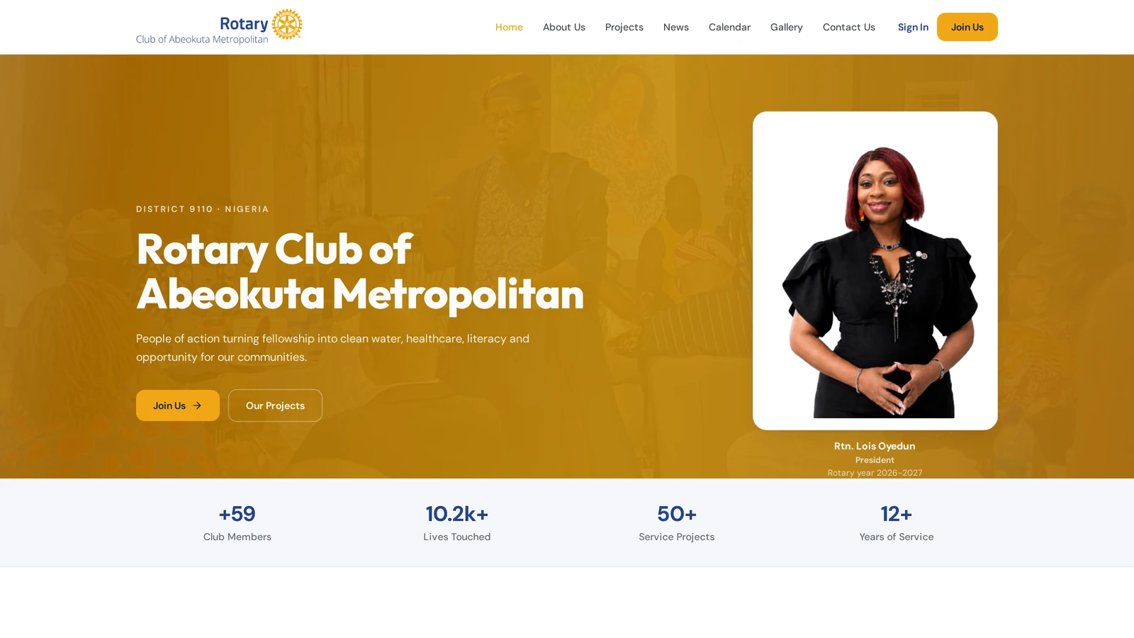 Screenshot of the Rotary Club of Abeokuta Metropolitan website at rcabeokutametro.com